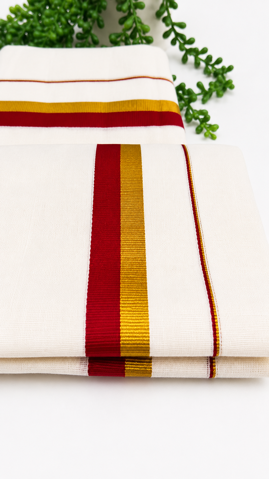 Kerala Set Mundu | Cotton 2-Piece Mundum Neriyathum with Gold Zari & Contrast Colour Border