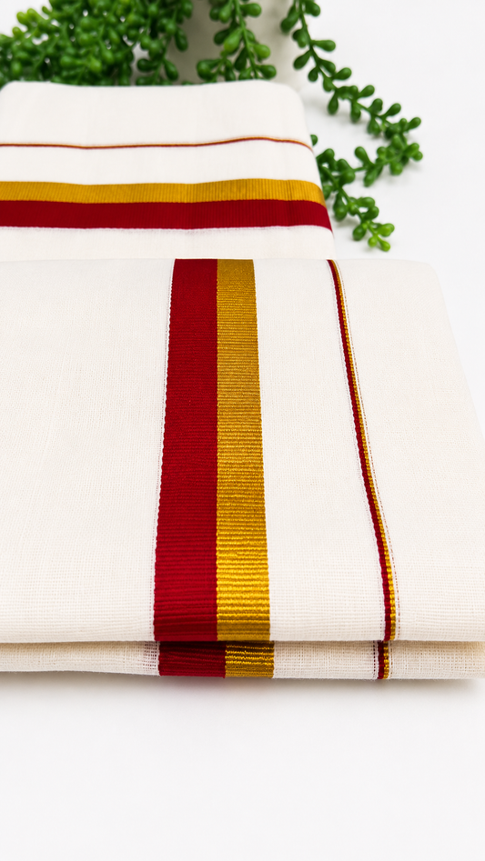 Kerala Set Mundu | Cotton 2-Piece Mundum Neriyathum with Gold Zari & Contrast Colour Border