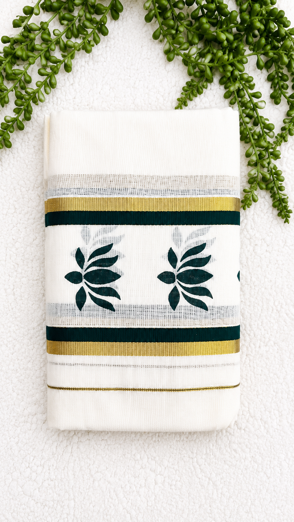 Kerala Cotton Set Mundu with Lotus Motif Border – Gold Kasavu Detail
