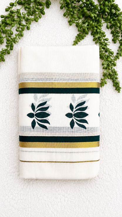Kerala Cotton Set Mundu with Lotus Motif Border – Gold Kasavu Detail