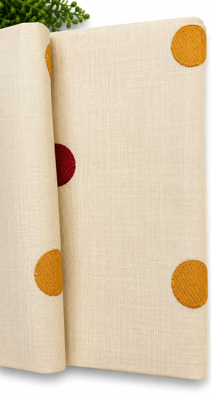 Tissue Silk Saree | Cream Saree with Embroidered Polka Dot Motifs & Scalloped Border | Mustard & Maroon Dot Embroidery Saree with Blouse Piece