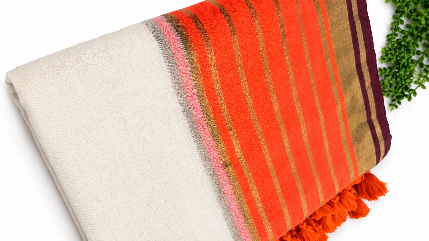 Off-White Mulcotton Saree with Orange & Gold Zari Stripe Border – 120 Count Kerala Cotton Saree