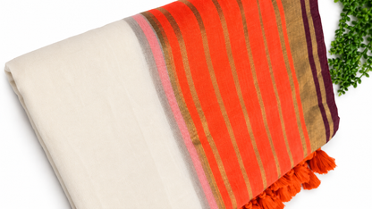 Off-White Mulcotton Saree with Orange & Gold Zari Stripe Border – 120 Count Kerala Cotton Saree