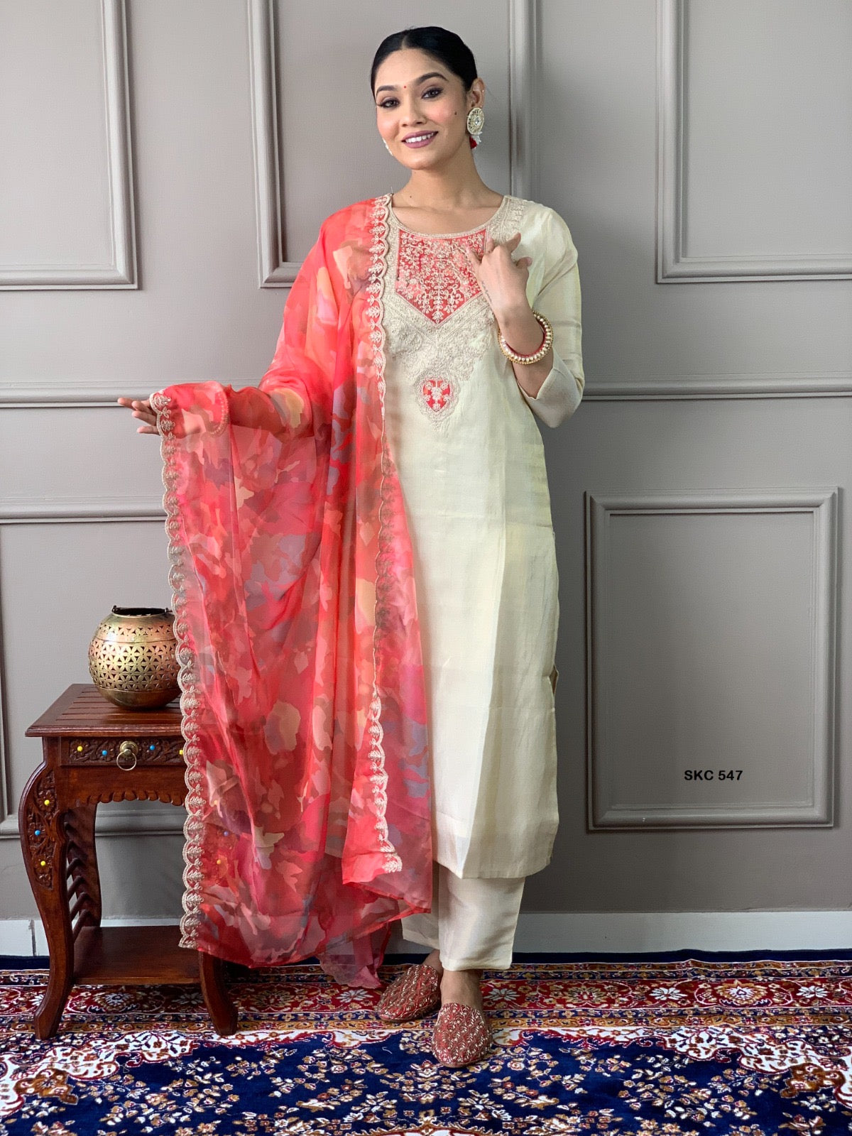Ivory Chanderi Embroidered Kurti Pant Set with Coral Digital Print Dupatta