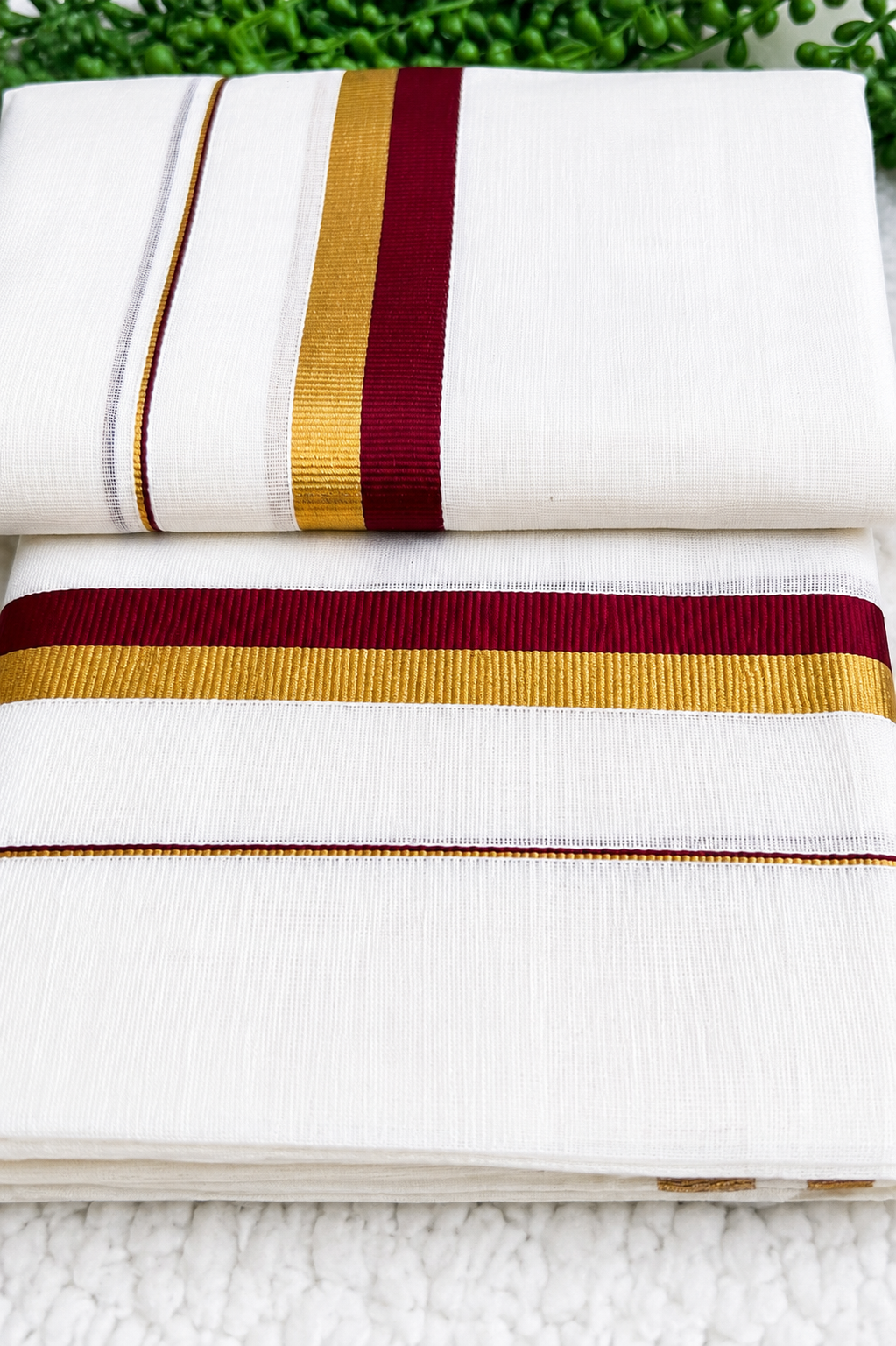 Kerala Set Mundu | Cotton 2-Piece Mundum Neriyathum with Gold Zari & Contrast Colour Border