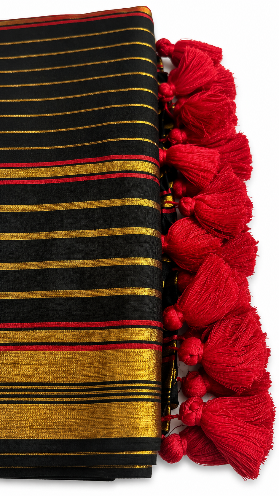 Mul Cotton 120 Count Saree – Black with Gold & Red Striped Border | Traditional South Indian Saree with Red Tassels