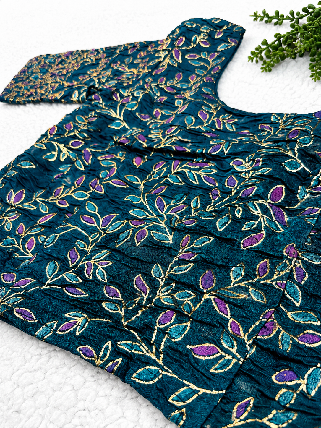 Stretchable Readymade Saree Blouse | Leaf Design with Gold Detailing | Ready to Wear Round Neck Blouse with Patterned Sleeve Border (S-L)