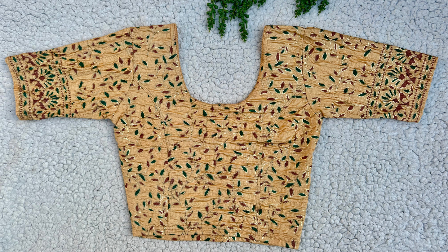 Stretchable Readymade Saree Blouse | Leaf Design with Gold Detailing | Ready to Wear Round Neck Blouse with Patterned Sleeve Border (S-L)