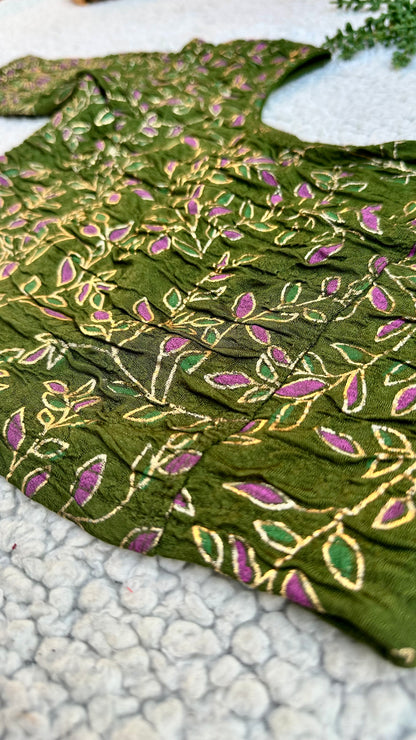 Stretchable Readymade Saree Blouse | Leaf Design with Gold Detailing | Ready to Wear Round Neck Blouse with Patterned Sleeve Border (S-L)