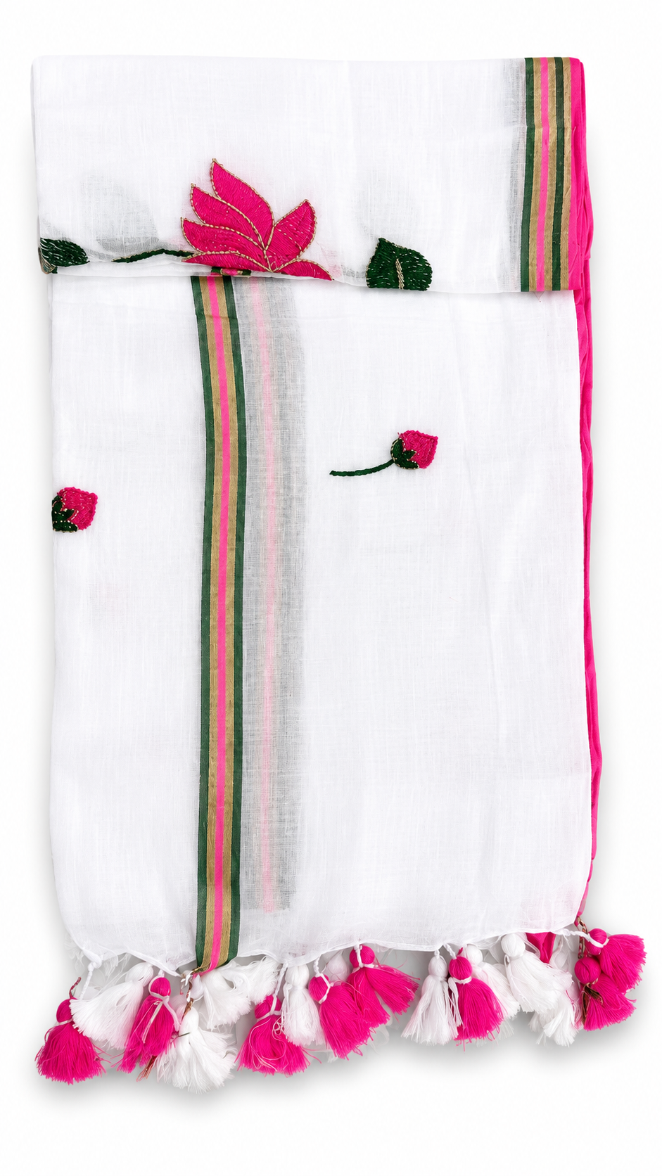 Mul Cotton 120 Count Saree with Embroidered Pink Lotus Motif – White Base with Striped Border and Tassels