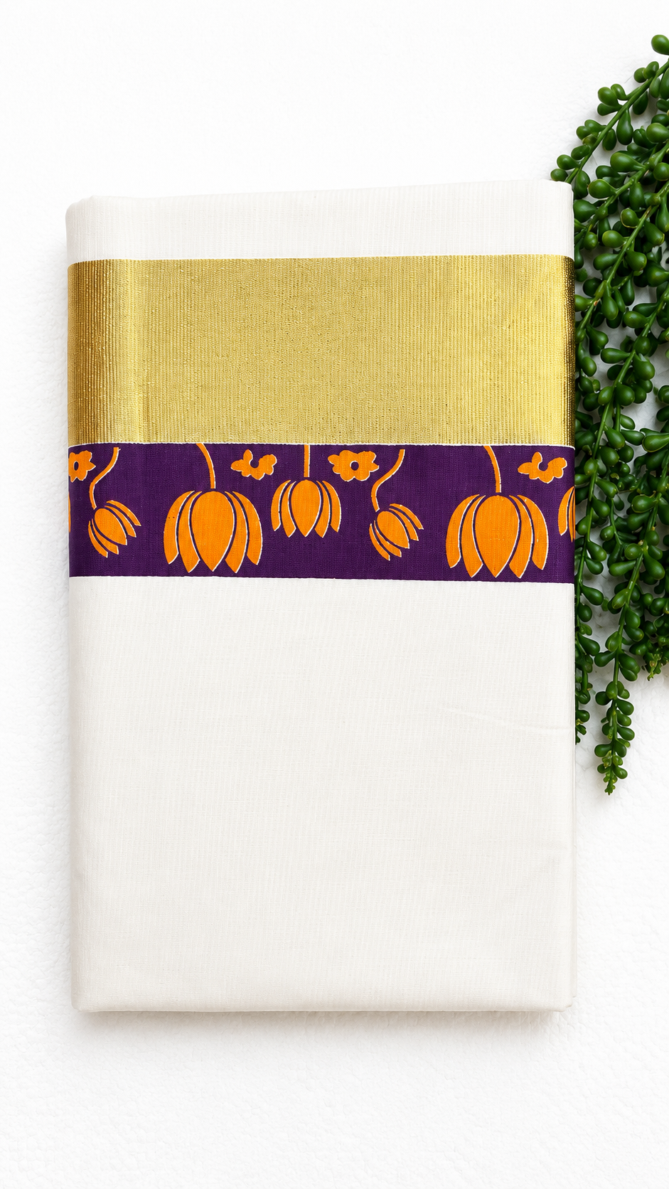 Kerala Cotton Set Saree | Onam Special White Cotton Saree with Purple Lotus Motif & Gold Kasavu Border