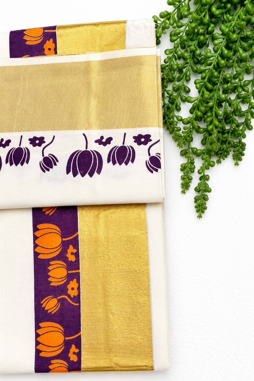 Kerala Cotton Set Saree | Onam Special White Cotton Saree with Purple Lotus Motif & Gold Kasavu Border