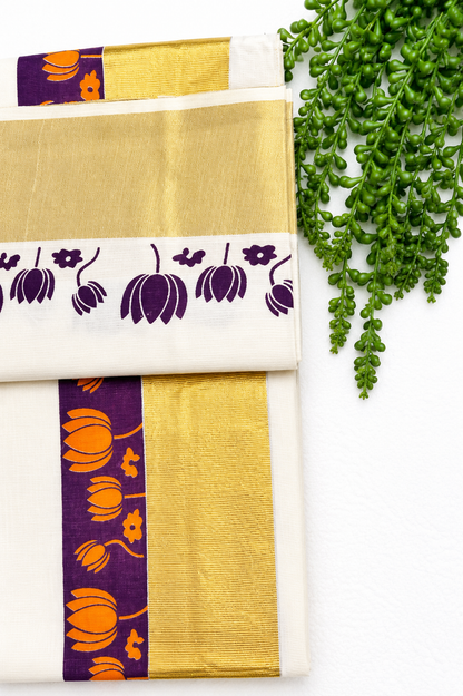 Kerala Cotton Set Saree | Onam Special White Cotton Saree with Purple Lotus Motif & Gold Kasavu Border