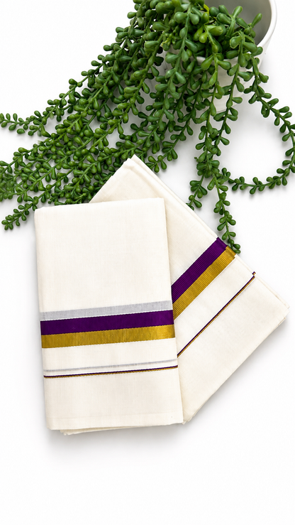 Kerala Set Mundu | Cotton 2-Piece Mundum Neriyathum with Gold Zari & Contrast Colour Border