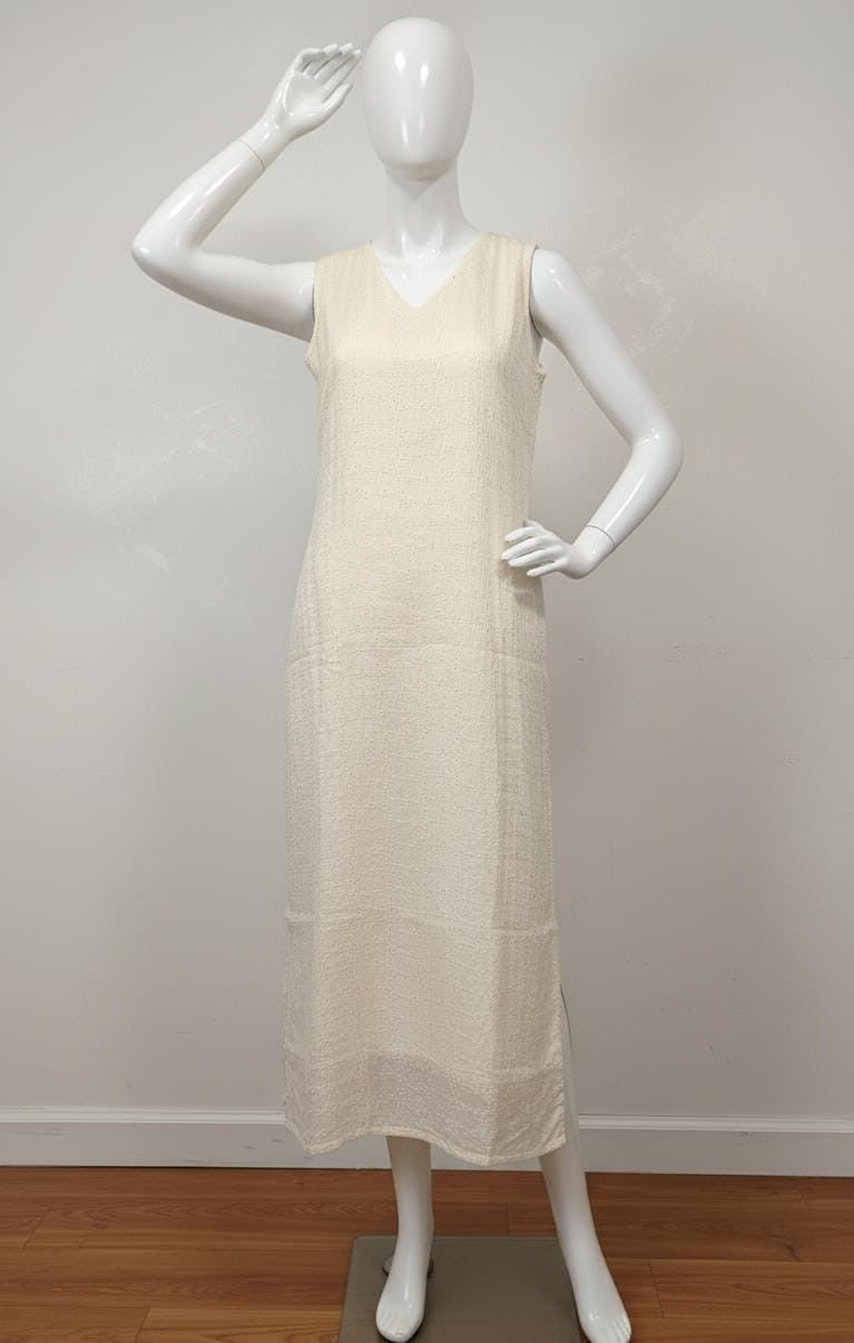 Off-white Hacoba cotton sleeveless kurta with self-textured embroidery, includes attached matching sleeves inside — elegant and versatile ethnic wear for women.