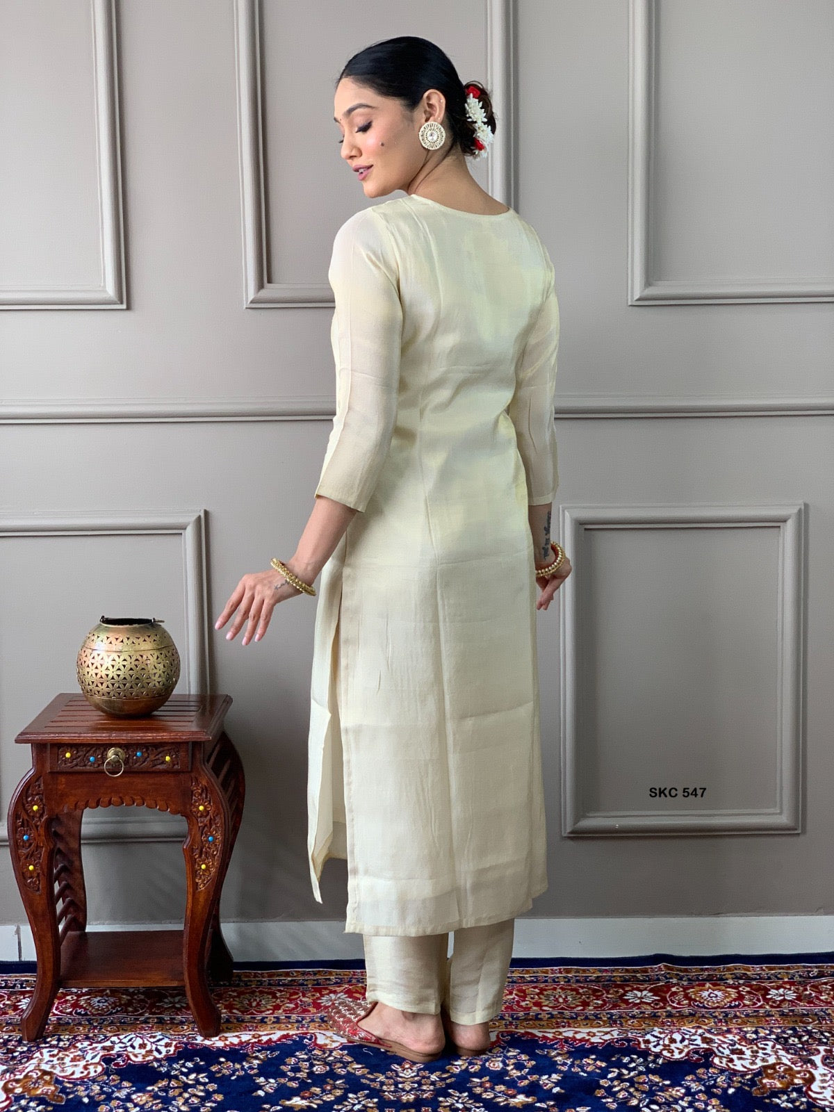 Ivory Chanderi Embroidered Kurti Pant Set with Coral Digital Print Dupatta
