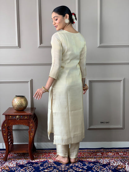 Ivory Chanderi Embroidered Kurti Pant Set with Coral Digital Print Dupatta