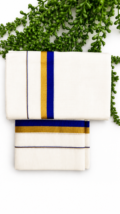 Kerala Set Mundu | Cotton 2-Piece Mundum Neriyathum with Gold Zari & Contrast Colour Border