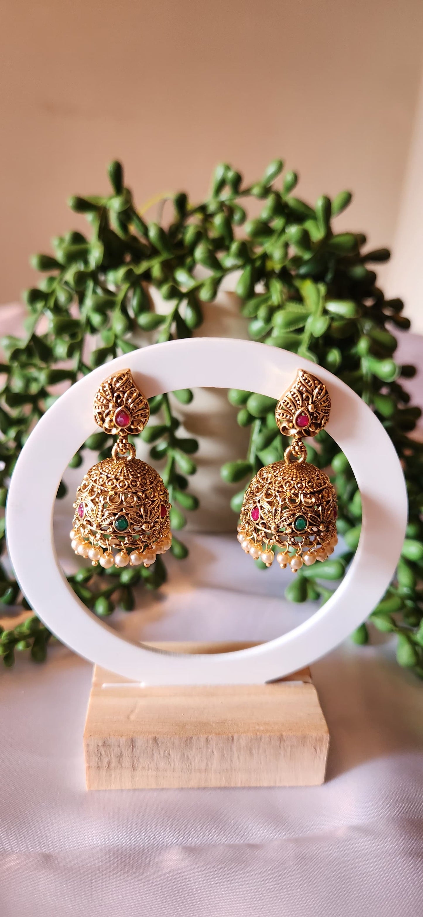 Antique Gold Jhumka Earrings – Paisley Filigree Dome Earrings with Ruby, Emerald & Pearl Drops