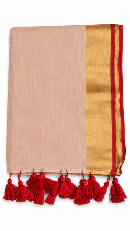 Mul Cotton 120 Count Saree – Peach with Gold Zari & Red Border | Traditional South Indian Saree with Red Tassels
