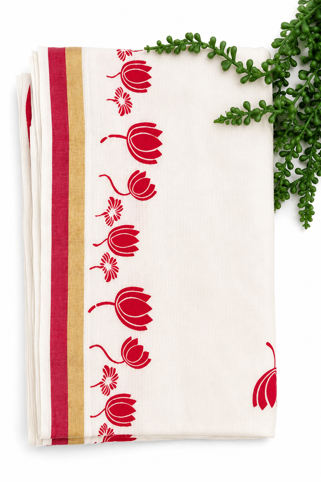 Kerala Cotton Saree | White Saree with Red Lotus Print & Gold Zari Border | Onam Festive Traditional Saree