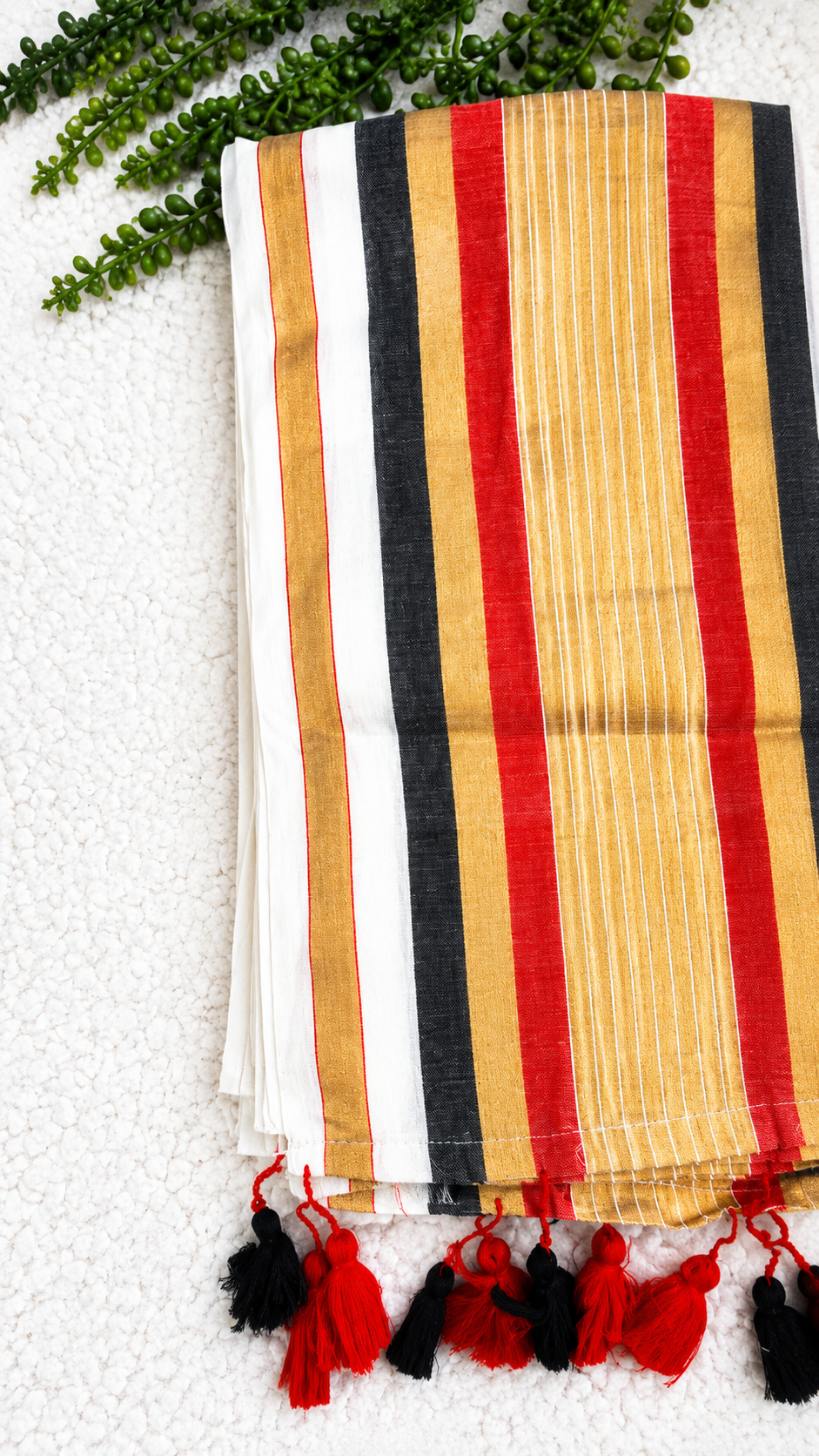 Mulcotton Saree | Cream Saree with Gold, Black, Red & Silver Striped Border | Tasselled Edge Traditional Saree