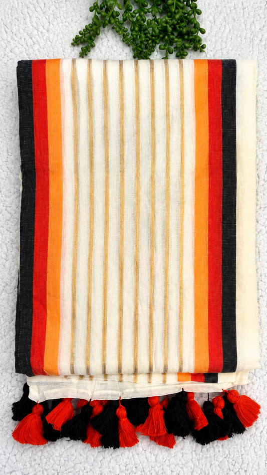 Off-White Mulcotton Saree with Gold Pinstripes & Black-Yellow-Orange Border – 120 Count Kerala Cotton Saree