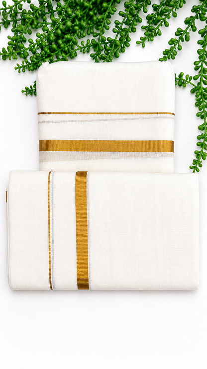 Kerala Set Mundu | Pure Cotton Kasavu 2-Piece Mundum Neriyathum with Gold Zari Border