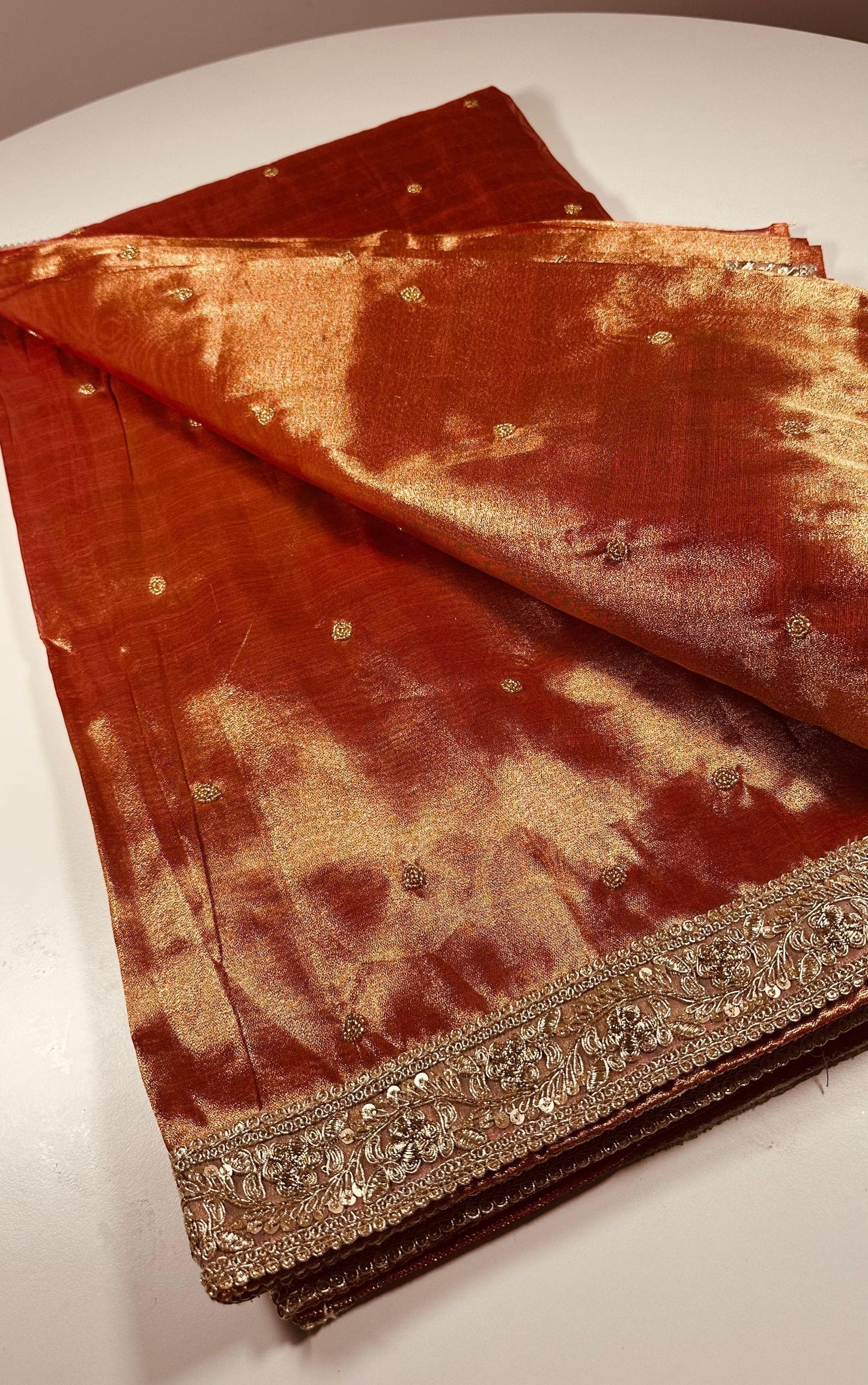 Luxurious Tissue Silk Saree with Heavy Gold Embroidered Border - Traditional Indian Wedding Saree