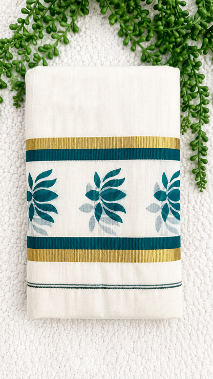 Kerala Cotton Set Mundu with Lotus Motif Border – Gold Kasavu Detail