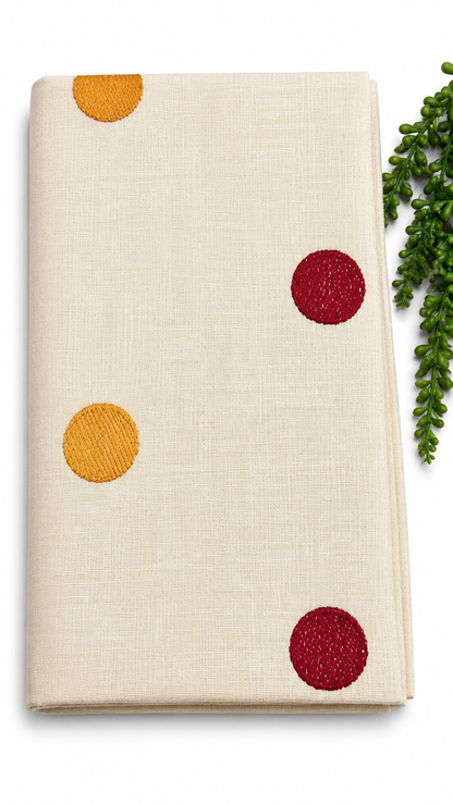 Tissue Silk Saree | Cream Saree with Embroidered Polka Dot Motifs & Scalloped Border | Mustard & Maroon Dot Embroidery Saree with Blouse Piece