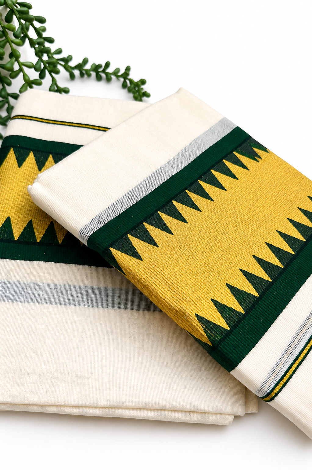 Kerala Set Mundu | Cotton 2-Piece Mundum Neriyathum with Temple Zigzag Border & Tassels