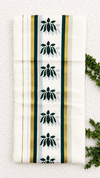 Kerala Cotton Set Mundu with Lotus Motif Border – Gold Kasavu Detail