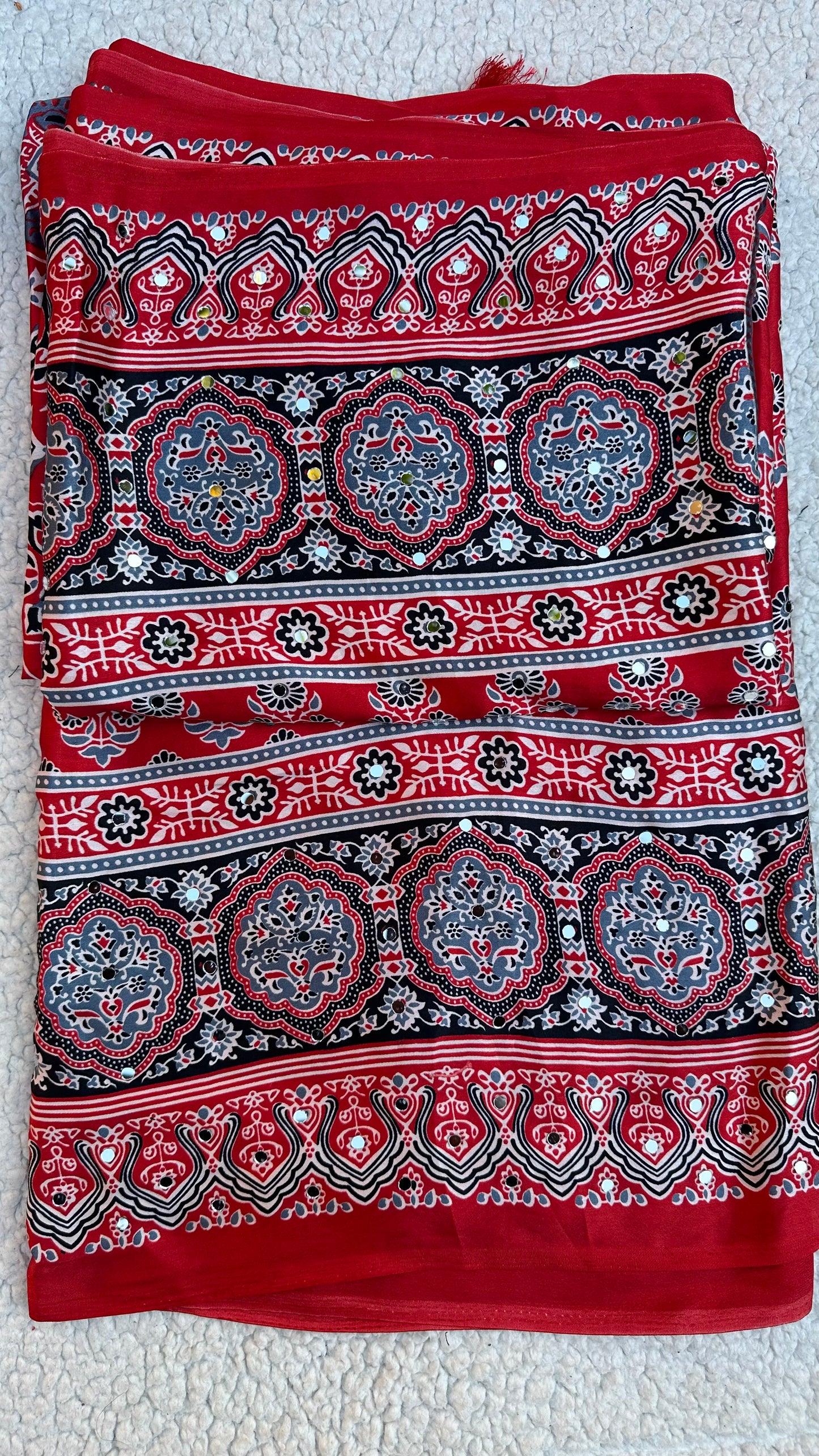 Modal Silk Ajrak Printed Saree with Mirror Work in Red