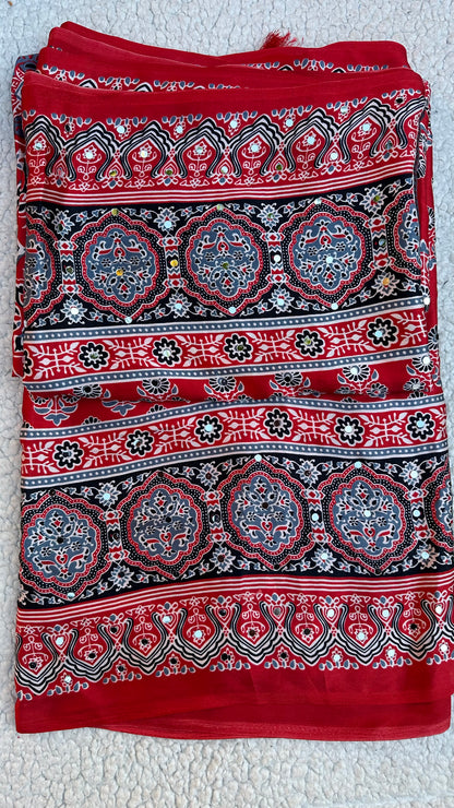 Modal Silk Ajrak Printed Saree with Mirror Work in Red