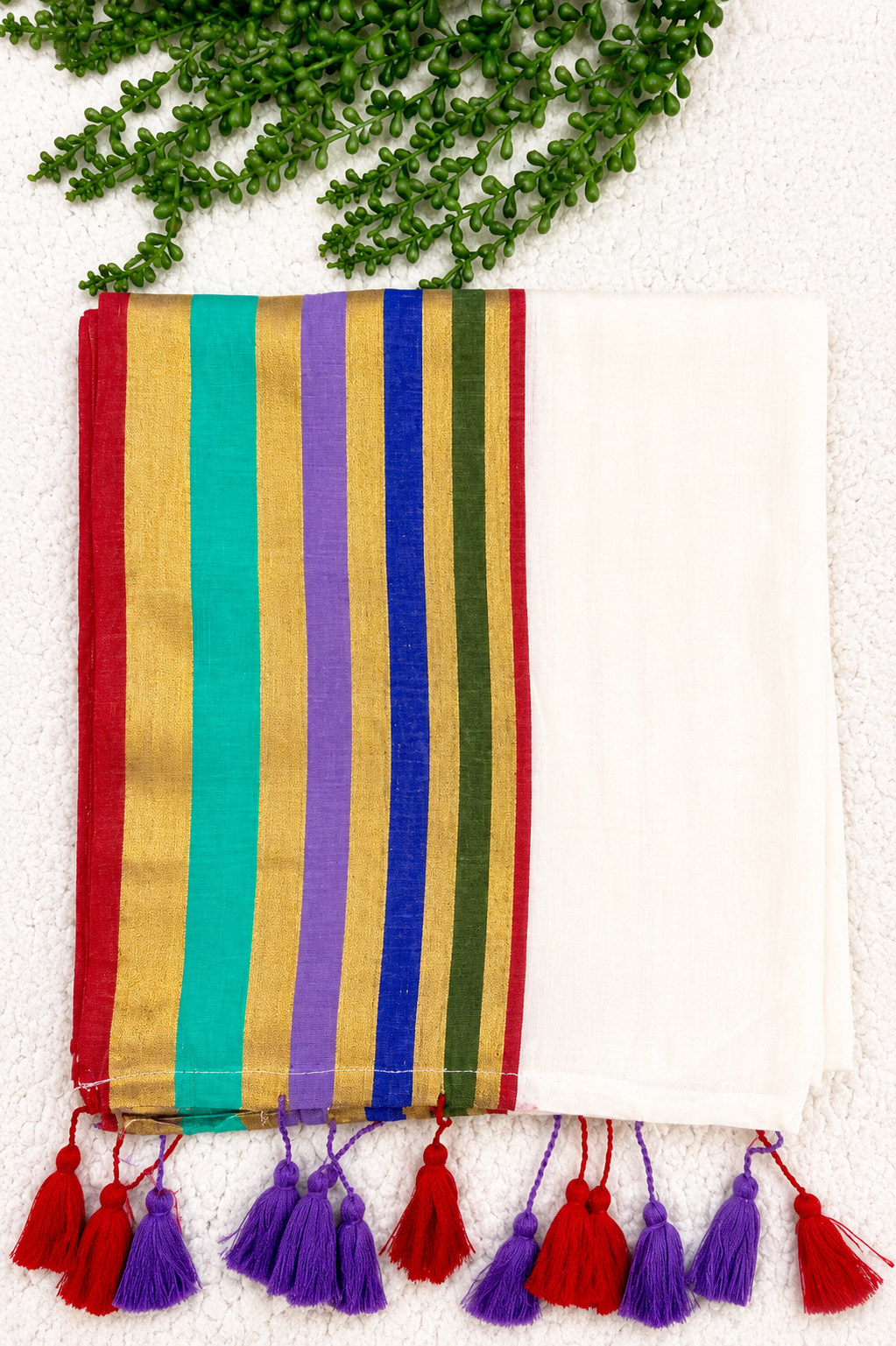 Mulcotton Saree | White Saree with Multicolour Striped Gold Zari Border | Red & Purple Tasselled Edge