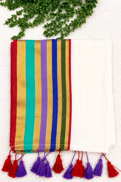 Mulcotton Saree | White Saree with Multicolour Striped Gold Zari Border | Red & Purple Tasselled Edge