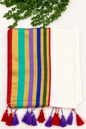 Mulcotton Saree | White Saree with Multicolour Striped Gold Zari Border | Red & Purple Tasselled Edge