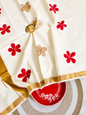 Off-White Cotton Saree with Red & Gold Flower Motifs – Kerala Cotton Saree with Gold Border