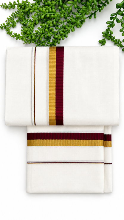 Kerala Set Mundu | Cotton 2-Piece Mundum Neriyathum with Gold Zari & Contrast Colour Border