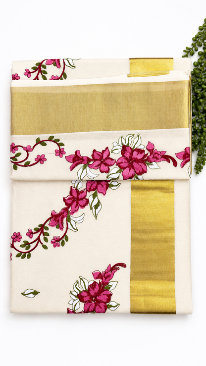 Cotton Saree with Pink Floral Embroidery & Gold Border | Kerala Style Festive Wear
