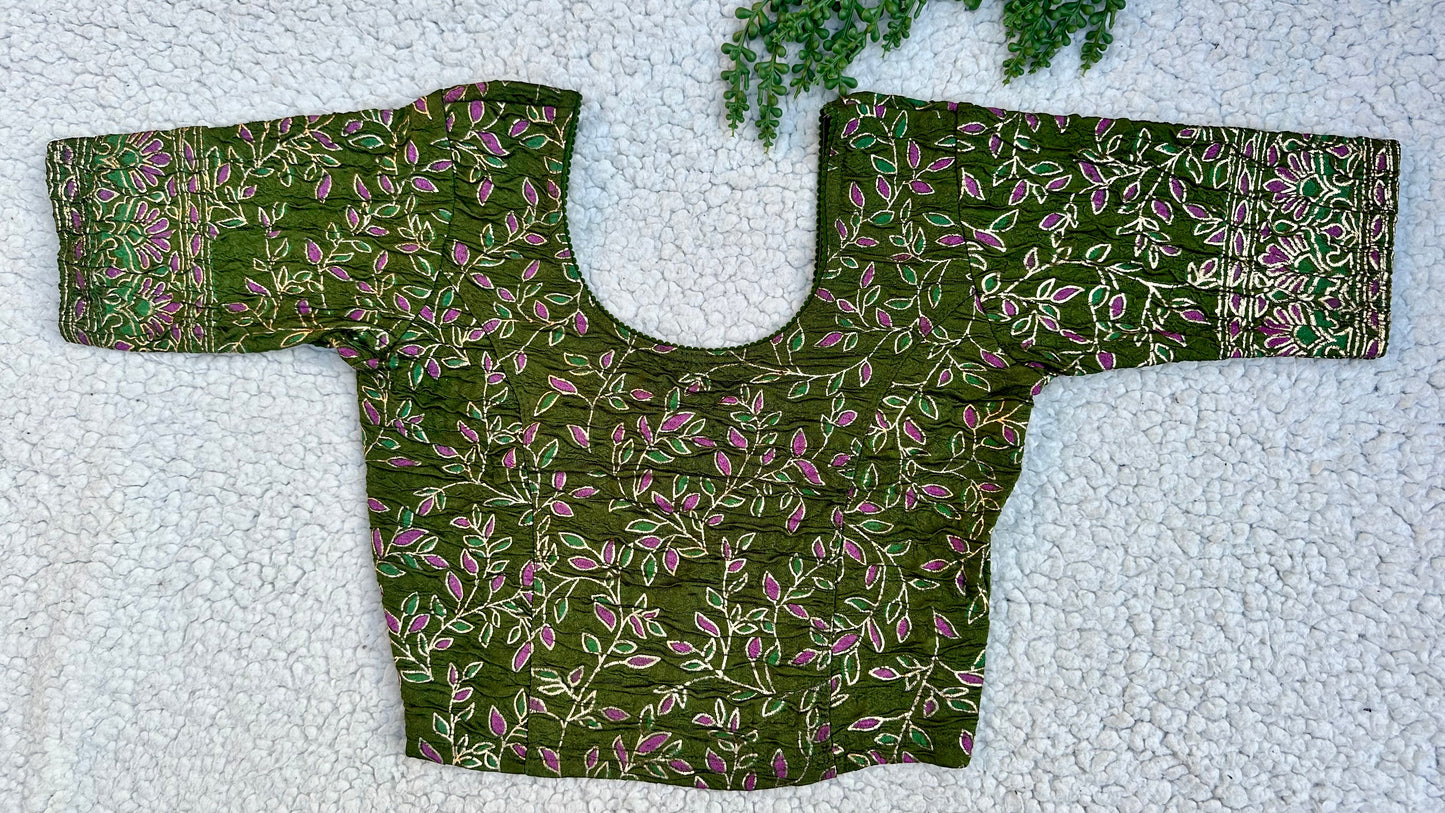 Stretchable Readymade Saree Blouse | Leaf Design with Gold Detailing | Ready to Wear Round Neck Blouse with Patterned Sleeve Border (S-L)