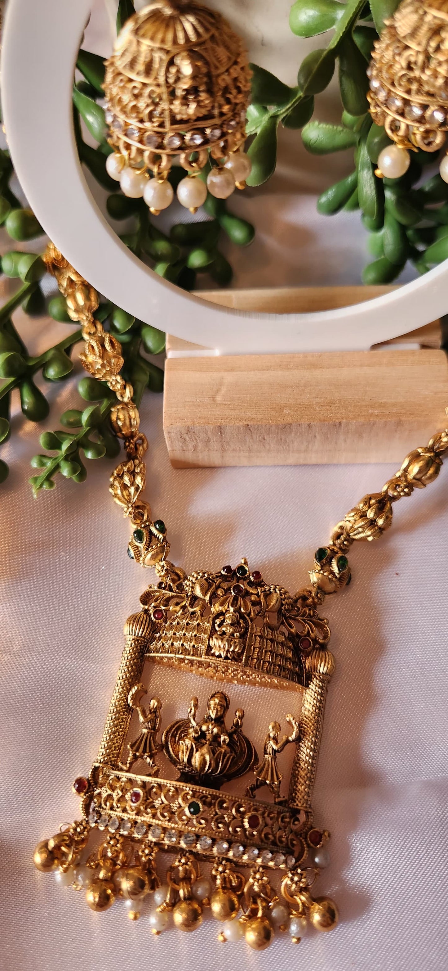 Antique Gold Temple Haram Necklace Set – Long Lakshmi Pendant with Jhumka Earrings & Pearl Drops