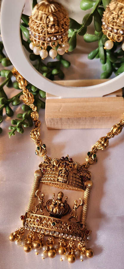 Antique Gold Temple Haram Necklace Set – Long Lakshmi Pendant with Jhumka Earrings & Pearl Drops