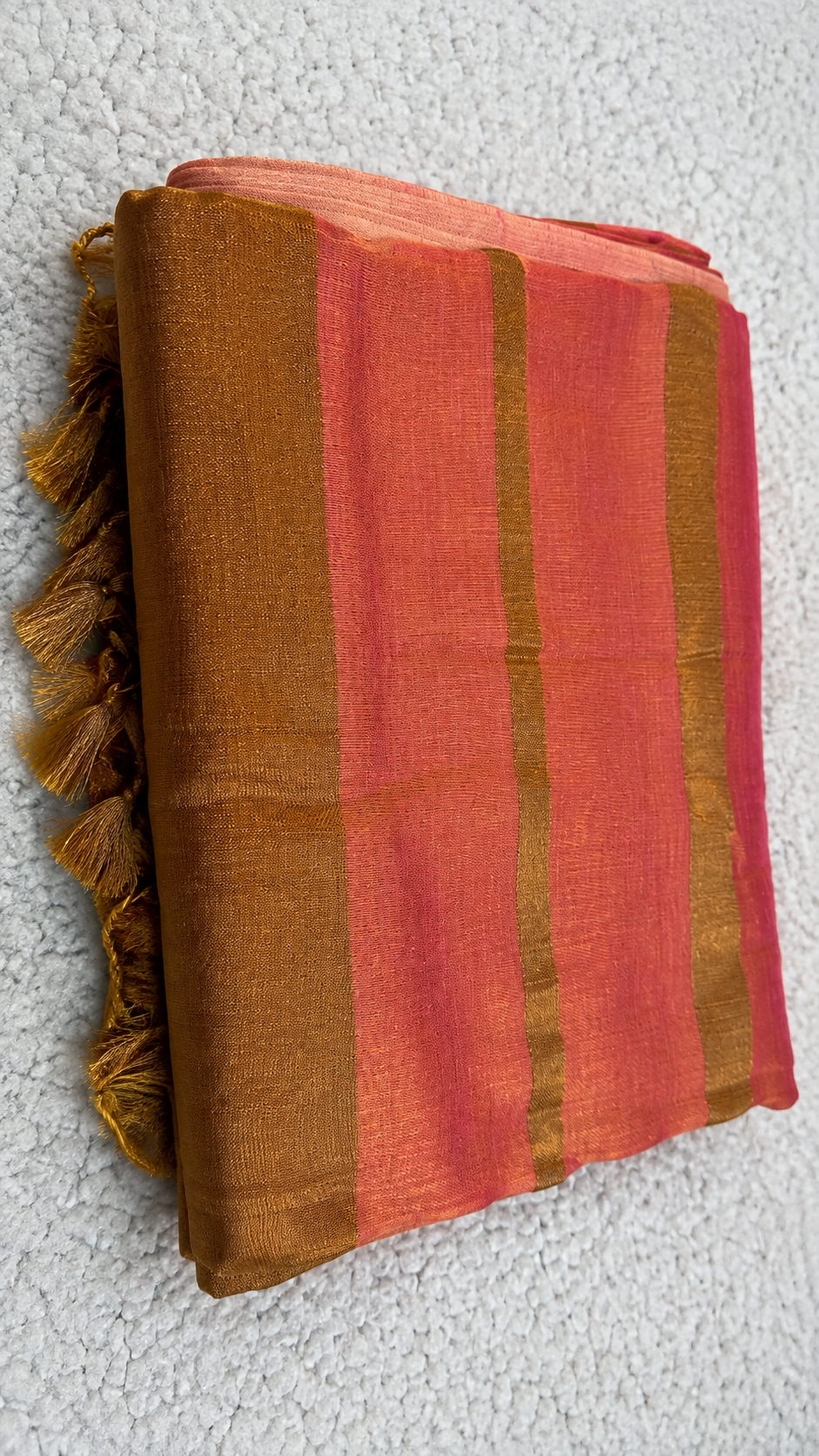 Light Pink Raga Tissue Saree with Mustard Gold Border & Tassels