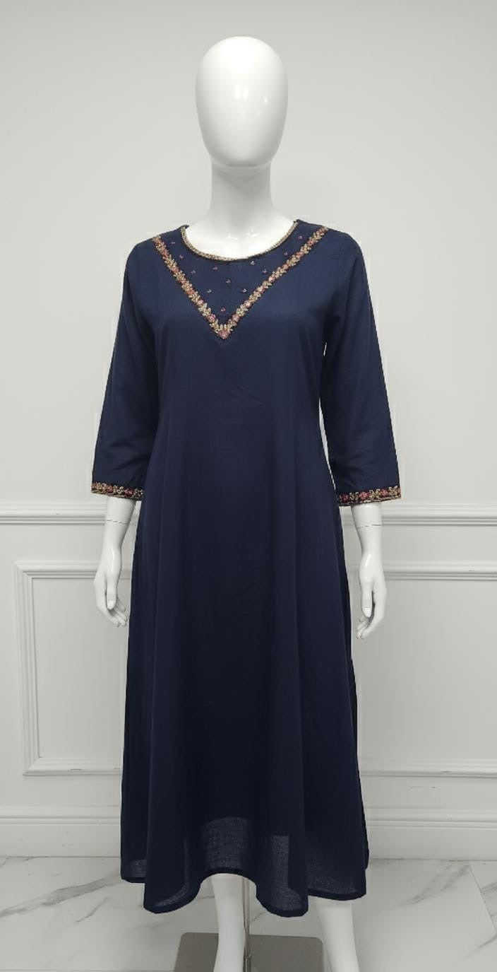 Navy blue silk embroidered dress with gold and red beadwork — elegant Christmas outfit for festive evenings.