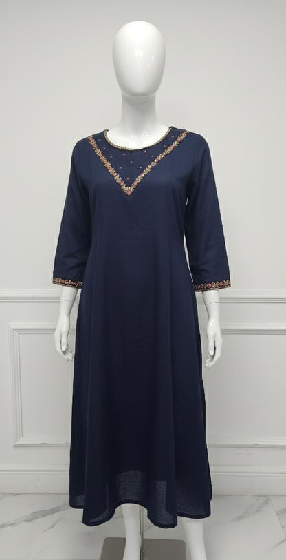 Navy blue silk embroidered dress with gold and red beadwork — elegant Christmas outfit for festive evenings.