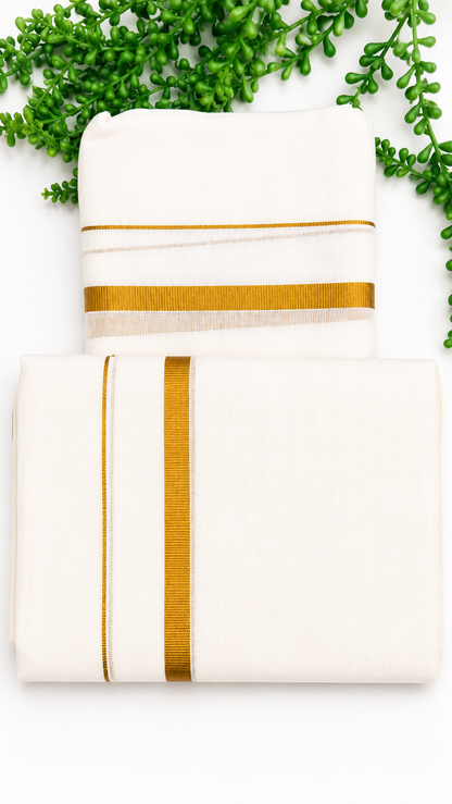 Kerala Set Mundu | Pure Cotton Kasavu 2-Piece Mundum Neriyathum with Gold Zari Border