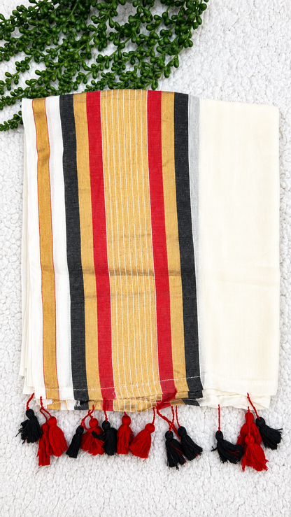 Mulcotton Saree | Cream Saree with Gold, Black, Red & Silver Striped Border | Tasselled Edge Traditional Saree