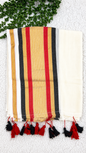 Mulcotton Saree | Cream Saree with Gold, Black, Red & Silver Striped Border | Tasselled Edge Traditional Saree